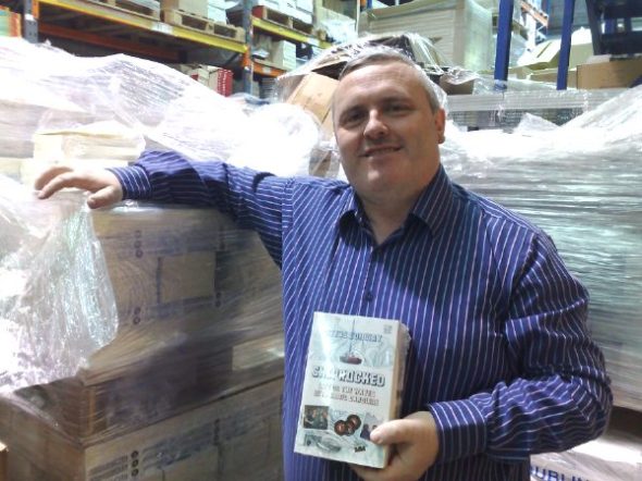 At the distribution warehouse in south Dublin, surrounded by pallet loads of copies of Shiprocked, about to go out to the bookstores!
